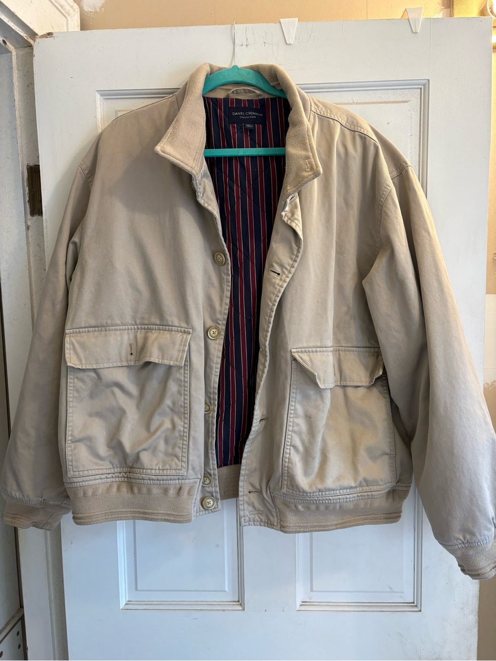 Daniel Cremieux Light Beige Cotton Bomber Jacket with Striped Lining